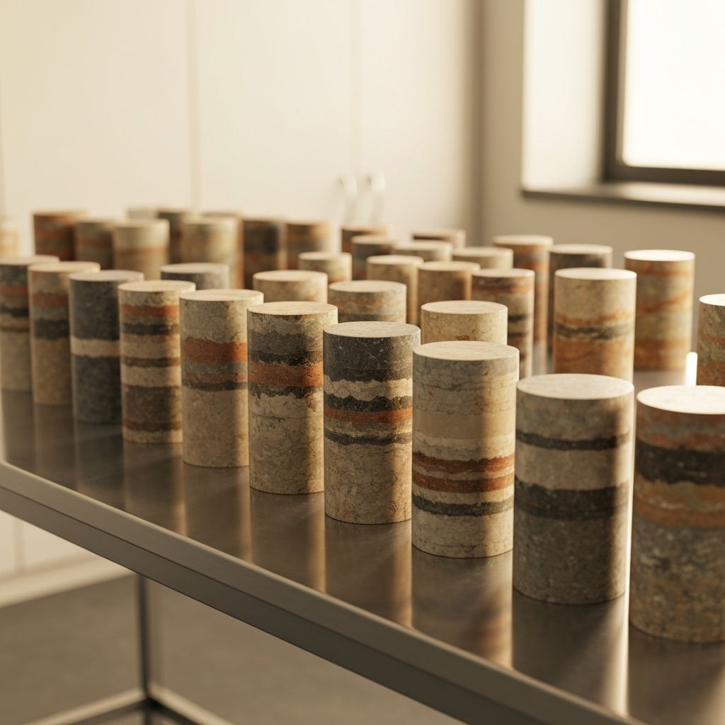 Geotechnical core sample cylinders showing rock and soil strata extracted from a borehole investigation